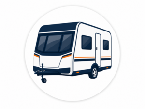 Navy and orange illustrated icon representing Adria caravans for sale