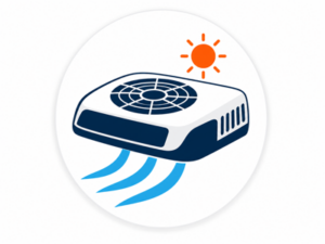 Navy and orange illustrated icon representing air-conditioning equipment for motorhomes and caravans