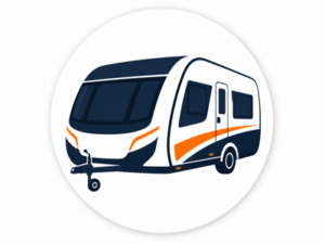 Navy and orange illustrated icon representing Bailey caravans for sale