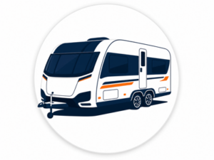 Navy and orange illustrated icon representing Buccaneer caravans for sale