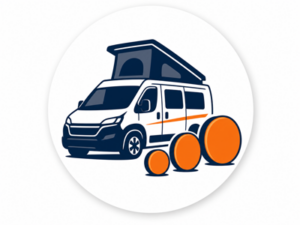Navy and orange illustrated icon representing campervans from £10,000 to £20,000