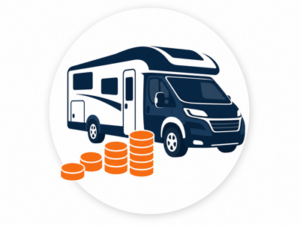 Navy and orange illustrated icon representing campervans from £20,000 to £30,000