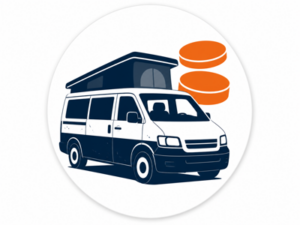 Navy and orange illustrated icon representing campervans from £5,000 to £10,000