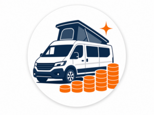 Navy and orange illustrated icon representing campervans over £30,000