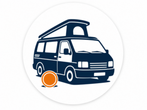 Navy and orange illustrated icon representing campervans under £5,000