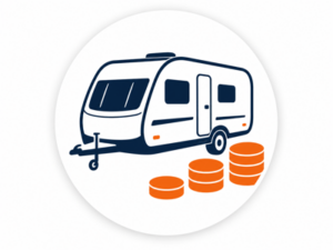 Navy and orange illustrated icon representing caravans from £10,000 to £15,000