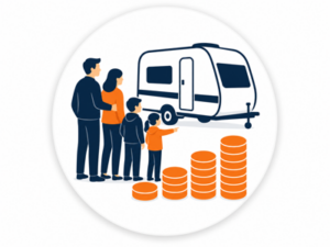 Navy and orange illustrated icon representing caravans from £15,000 to £20,000