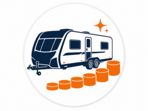 Navy and orange illustrated icon representing caravans from £30,000 to £50,000