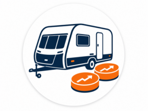 Navy and orange illustrated icon representing caravans from £5,000 to £10,000