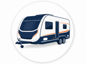 Navy and orange illustrated icon representing Coachman caravans for sale