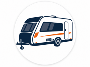Navy and orange illustrated icon representing Elddis caravans for sale