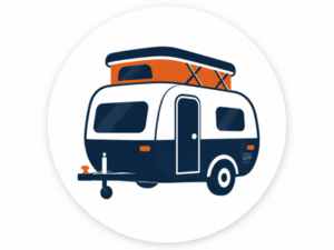 Navy and orange illustrated icon representing Eriba caravans for sale