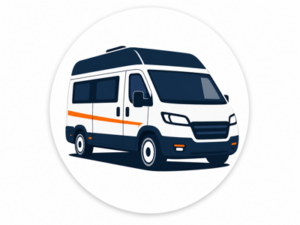 Navy and orange illustrated icon representing Fiat campervans for sale