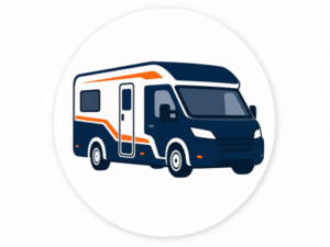 Navy and orange illustrated icon representing Fiat motorhomes for sale