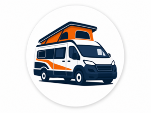 Navy and orange illustrated icon representing Ford campervans for sale