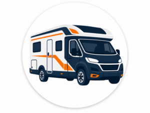 Navy and orange illustrated icon representing Ford motorhomes for sale