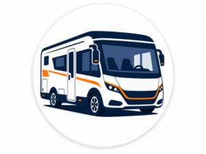 Navy and orange illustrated icon representing Hymer motorhomes for sale