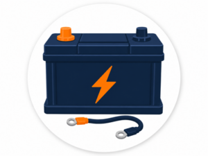 Navy and orange illustrated icon representing leisure batteries for motorhomes and caravans