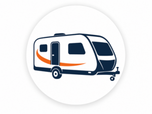 Navy and orange illustrated icon representing Lunar caravans for sale