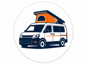 Navy and orange illustrated icon representing Mazda campervans for sale