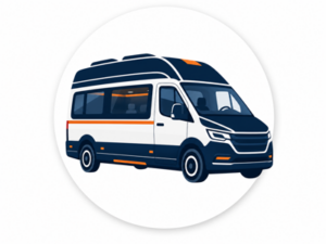 Navy and orange illustrated icon representing Mercedes-Benz campervans for sale