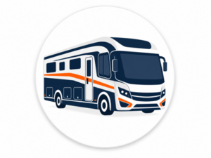 Navy and orange illustrated icon representing Mercedes motorhomes for sale