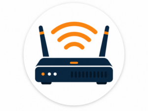 Navy and orange illustrated icon representing mobile internet equipment for motorhomes and caravans