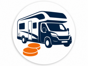 Navy and orange illustrated icon representing motorhomes from £10,000 to £15,000