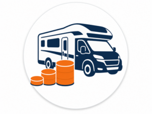 Navy and orange illustrated icon representing motorhomes from £15,000 to £25,000