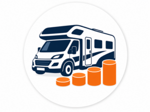 Navy and orange illustrated icon representing motorhomes from £25,000 to £50,000