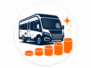 Navy and orange illustrated icon representing motorhomes over £50,000