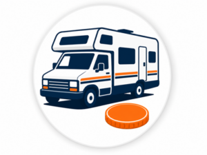 Navy and orange illustrated icon representing motorhomes under £10,000