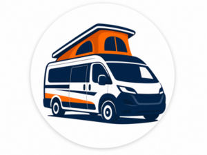 Navy and orange illustrated icon representing Peugeot campervans for sale
