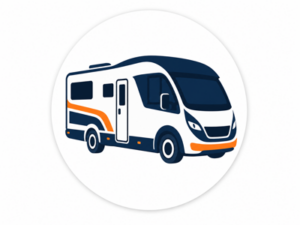 Navy and orange illustrated icon representing Peugeot motorhomes for sale