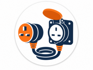 Navy and orange illustrated icon representing plugs and sockets for motorhomes and caravans