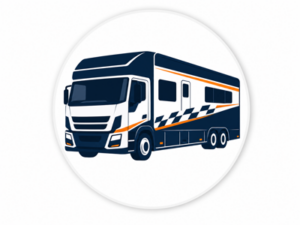 Navy and orange illustrated icon representing race trucks and motorhomes for sale