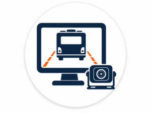 Navy and orange illustrated icon representing reversing camera systems for motorhomes and caravans