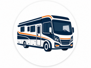 Navy and orange illustrated icon representing RS motorhomes for sale
