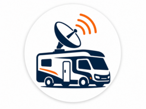 Navy and orange illustrated icon representing satellite systems for motorhomes and caravans