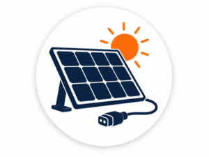 Navy and orange illustrated icon representing solar power equipment for motorhomes and caravans