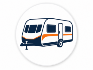 Navy and orange illustrated icon representing Sprite caravans for sale