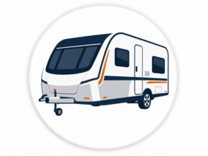 Navy and orange illustrated icon representing Sterling caravans for sale
