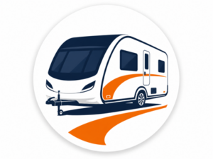 Navy and orange illustrated icon representing Swift caravans for sale