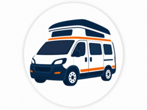 Navy and orange illustrated icon representing Toyota campervans for sale