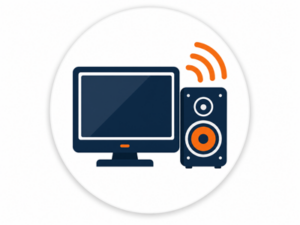 Navy and orange illustrated icon representing TV and audio equipment for motorhomes and caravans