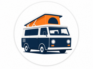Navy and orange illustrated icon representing Volkswagen campervans for sale