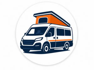 Navy and orange illustrated icon representing VW motorhomes for sale