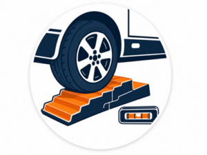 Navy and orange illustrated icon representing levelling ramps for motorhomes and caravans