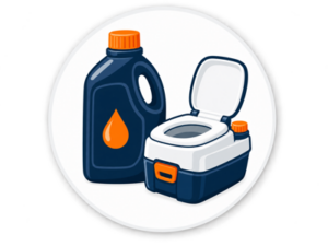 Navy and orange illustrated icon representing toilet chemicals for motorhomes and caravans