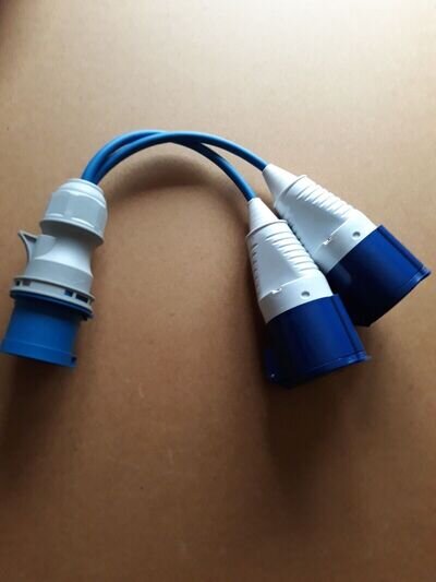 32 Amp plug to 2 x twin 32A sockets 2.5mm Cable 240v IP44 rated. 32 Amp plug to 2 x twin 32A sockets 2.5mm Cable 240v IP44 rated.